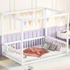 Full Size Canopy Frame Floor Bed With Fence, Guardrails - White - Image 3
