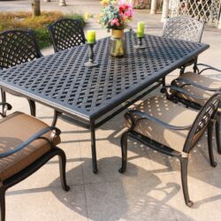 Rectangular 6 Person 86" Long Aluminum Dining Set With Dupione Brown Cushions - Antique Brown