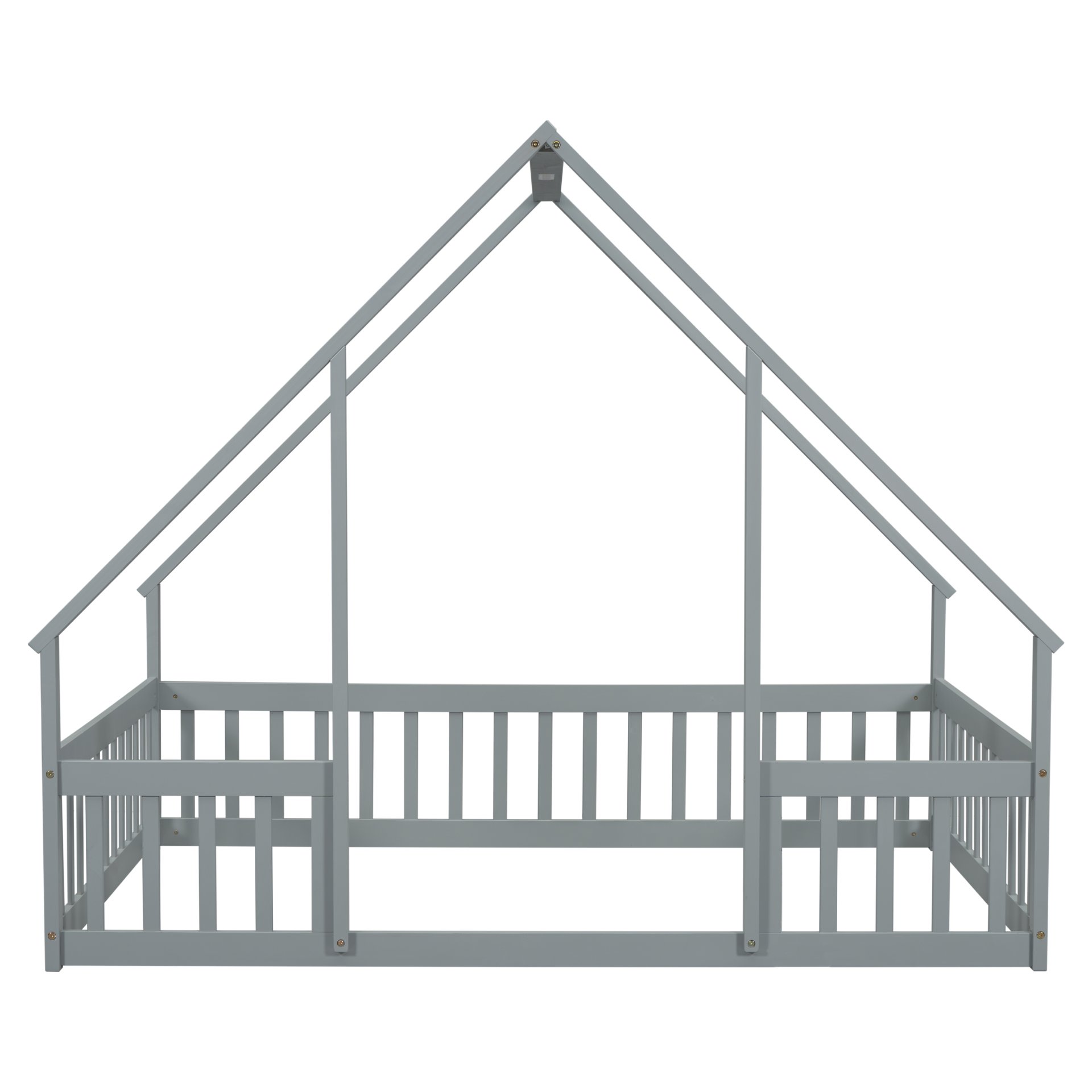 Full Wood House-Shaped Floor Bed With Fence, Guardrails - Gray - Image 15