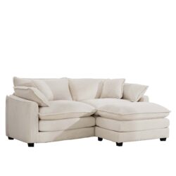 Light Corduroy L Shaped 2 Seater Sofa With Ottoman For Small Living Spaces - Beige