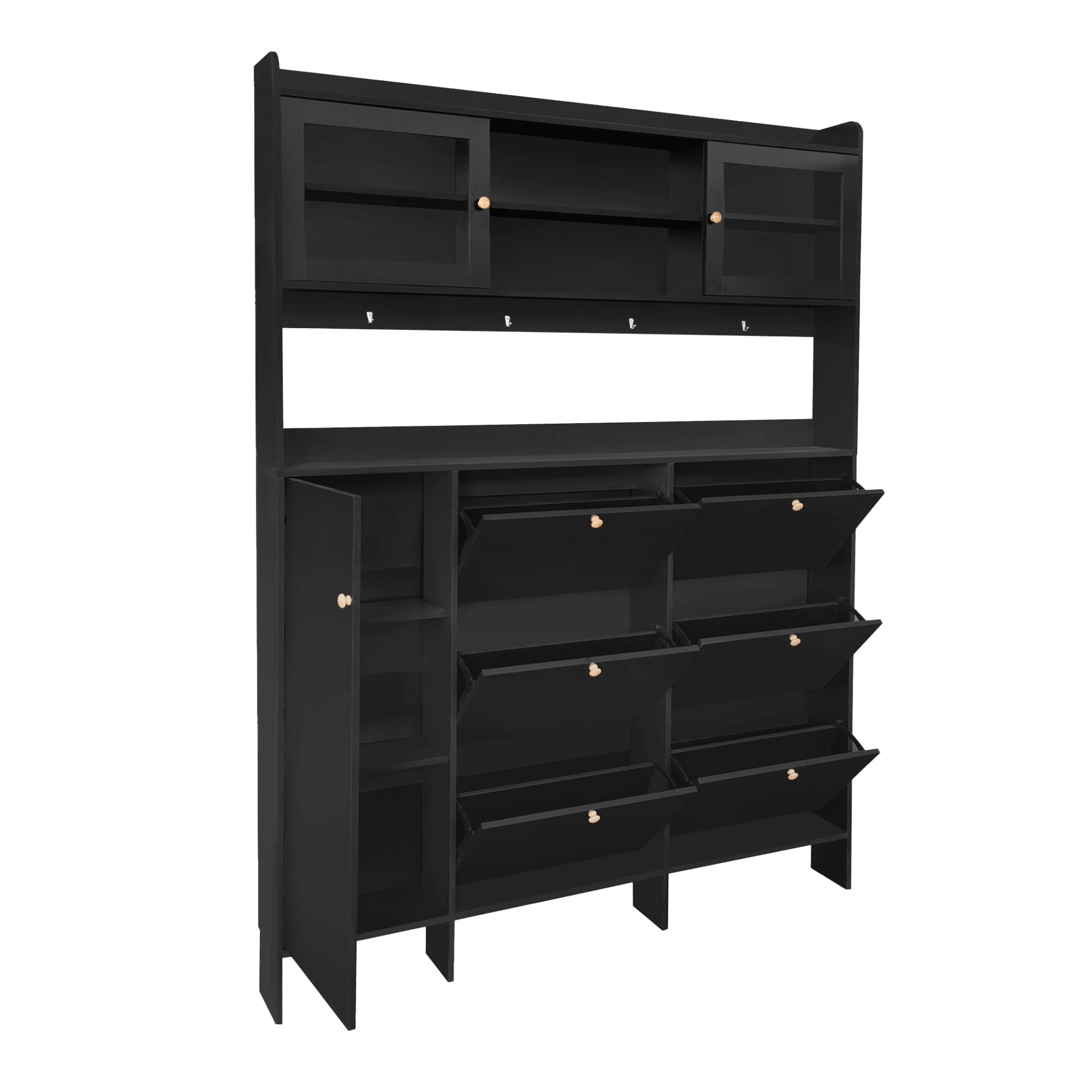 Multifunctional Tipping Bucket Shoe Cabinet With Storage Shelf & 6 Flip Drawers, Large Hall Tree With Tempered Glass Doors, Foyer Cabinet With 4 Hooks For Hallway - Black - Image 13