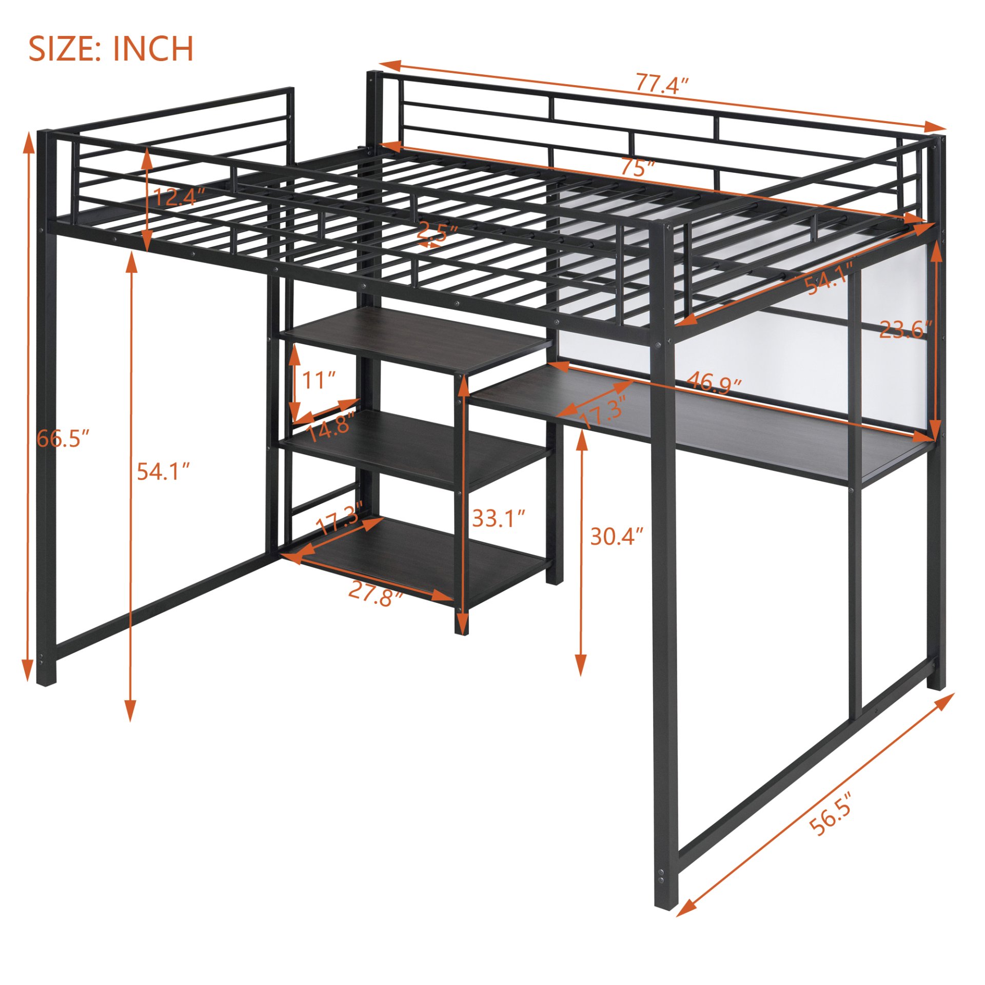 Full Size Loft Bed With Desk And Whiteboard, With 3 Shelves And Ladder - Black - Image 7