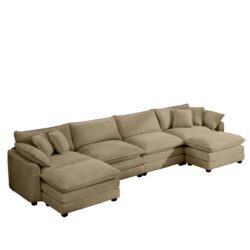 Modern Corduroy Upholstered 4 Seater Sofa With 3 Footstools - Tan