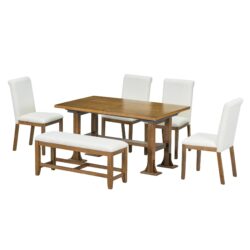 Topmax - 6 Piece Farmhouse Extendable Dining Table Set Trestle Kitchen Table Set With Removable Leaf And Upholstered Dining Chair And Bench For Dining Room - Dark Brown