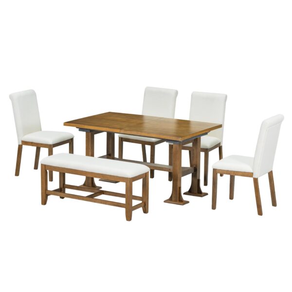 Topmax - 6 Piece Farmhouse Extendable Dining Table Set Trestle Kitchen Table Set With Removable Leaf And Upholstered Dining Chair And Bench For Dining Room - Dark Brown