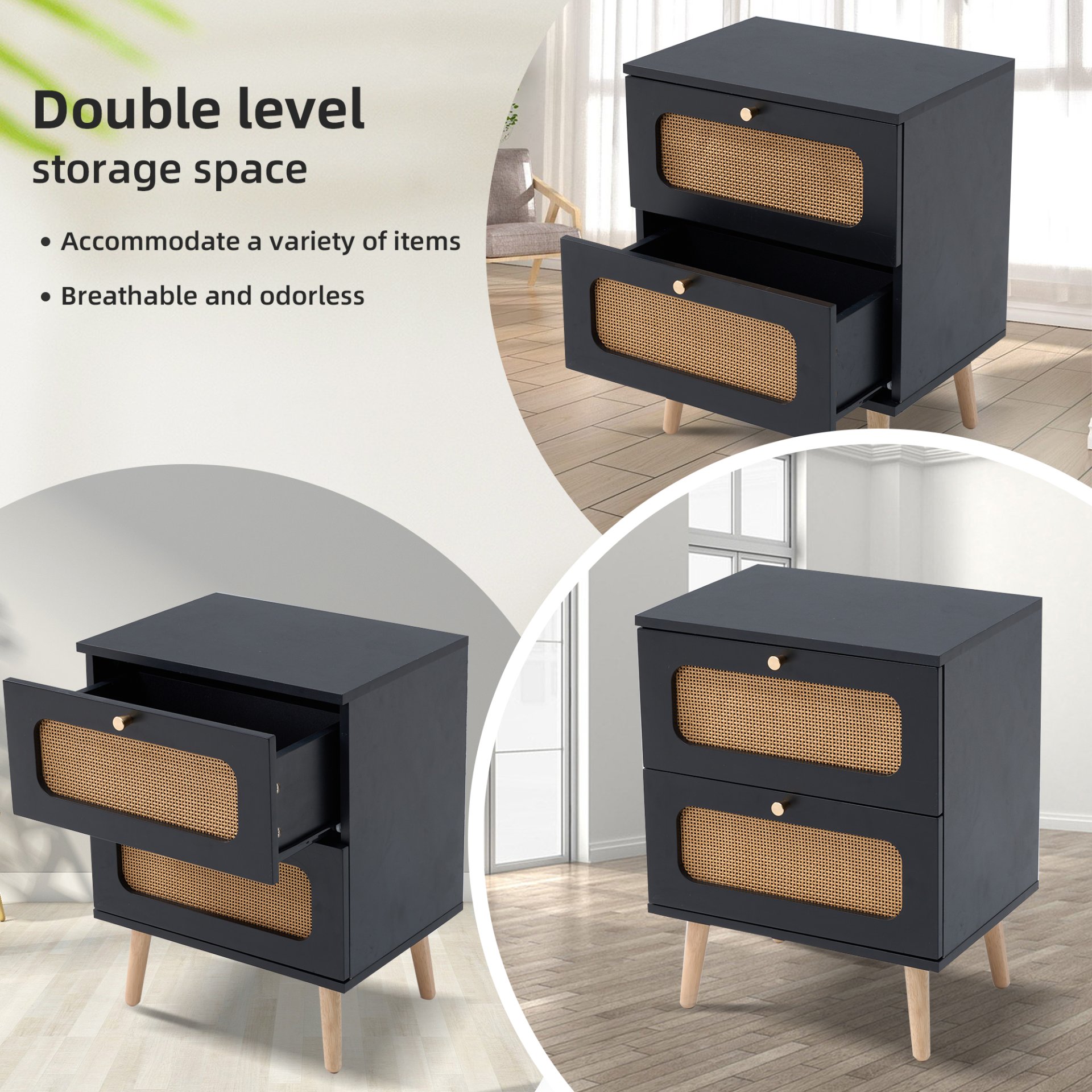 2 Drawer Rattan Nightstand For Bedroom And Living Room, End Table, Side Table With 2 Hand Made Rattan Decorated Drawers - Black - Image 6