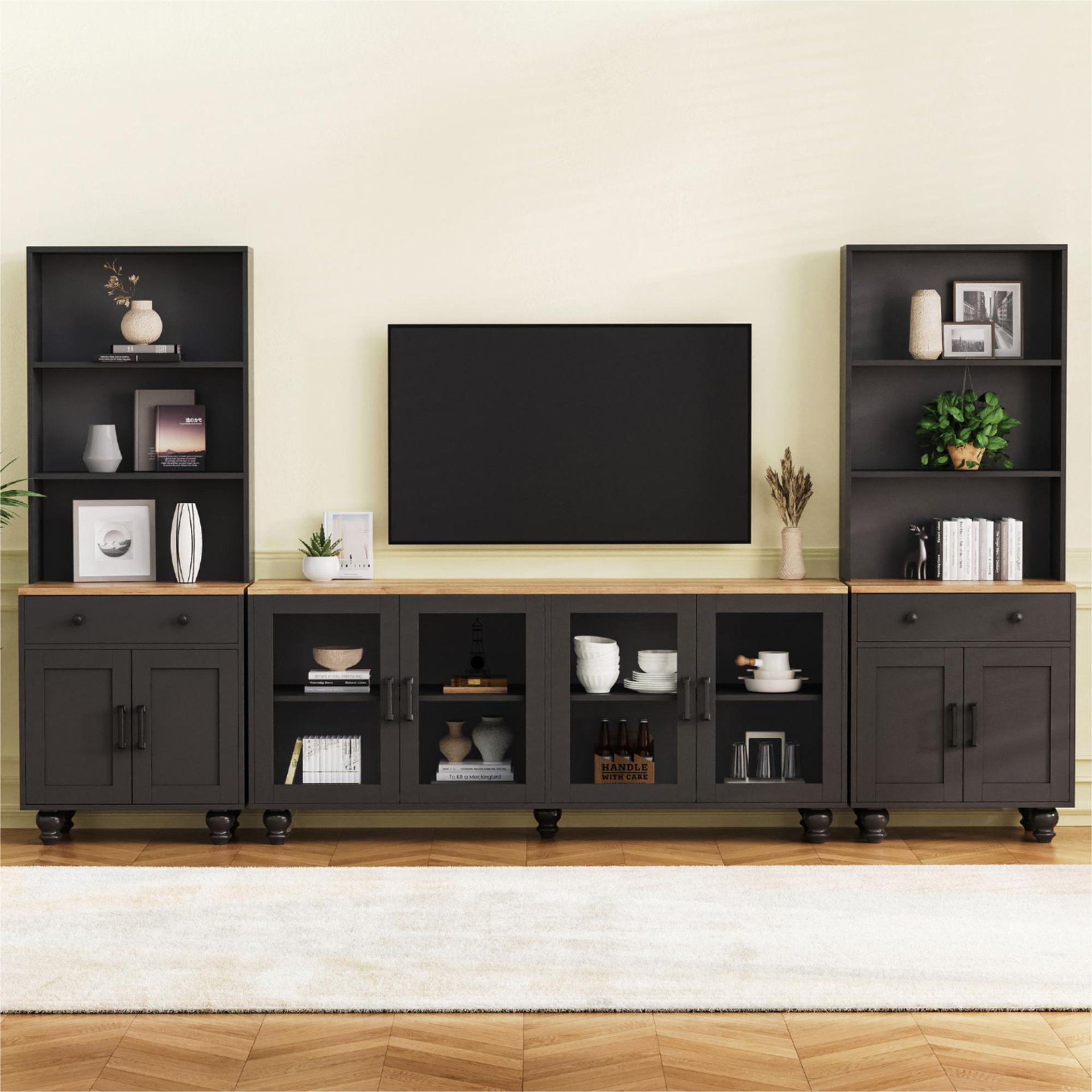 Farmhouse TV Stand With Solid Wood Gourd Shaped Legs For TVs Up To 70", Entertainment Center With Bookshelves & Tempered Glass Doors, Media Console With Adjustable Shelves, Living Room - Black / Natural - Image 5