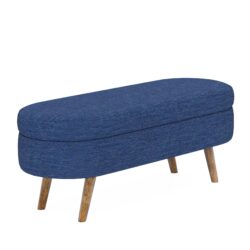 Ottoman Oval Storage Bench With Rubber Wood Legs In Linen With Foam Padding - Blue