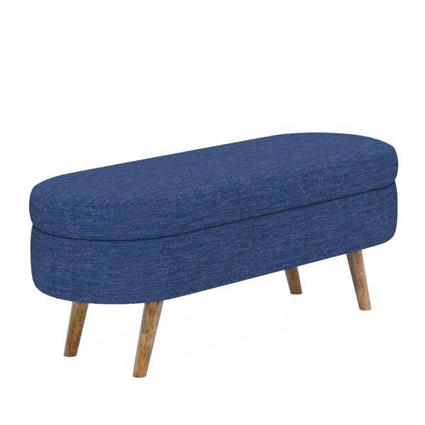 Ottoman Oval Storage Bench With Rubber Wood Legs In Linen With Foam Padding - Blue
