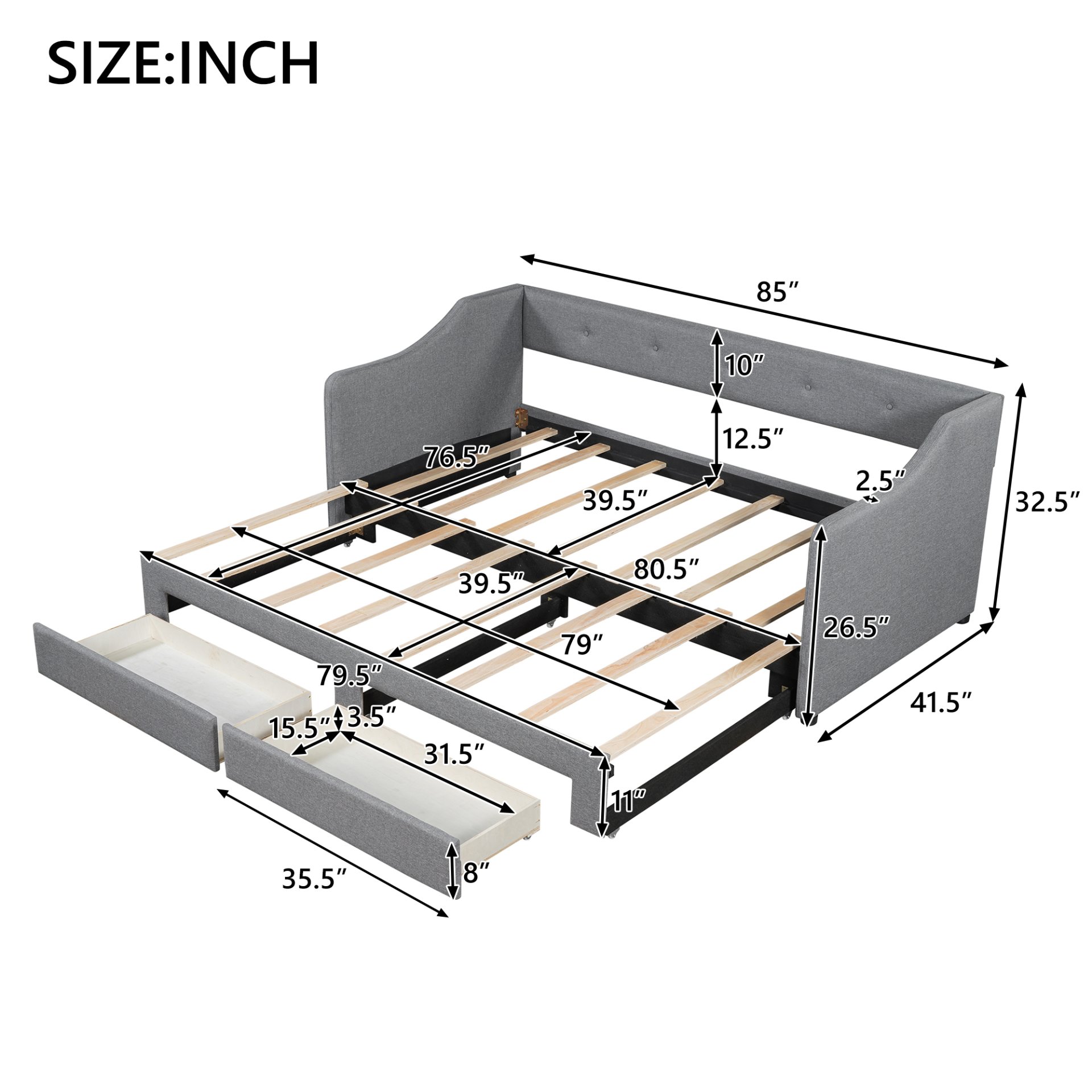 Twin Long To King Size Upholstered Daybed With 2 Drawers, Foam-Padded Sides And Back - Gray - Image 3
