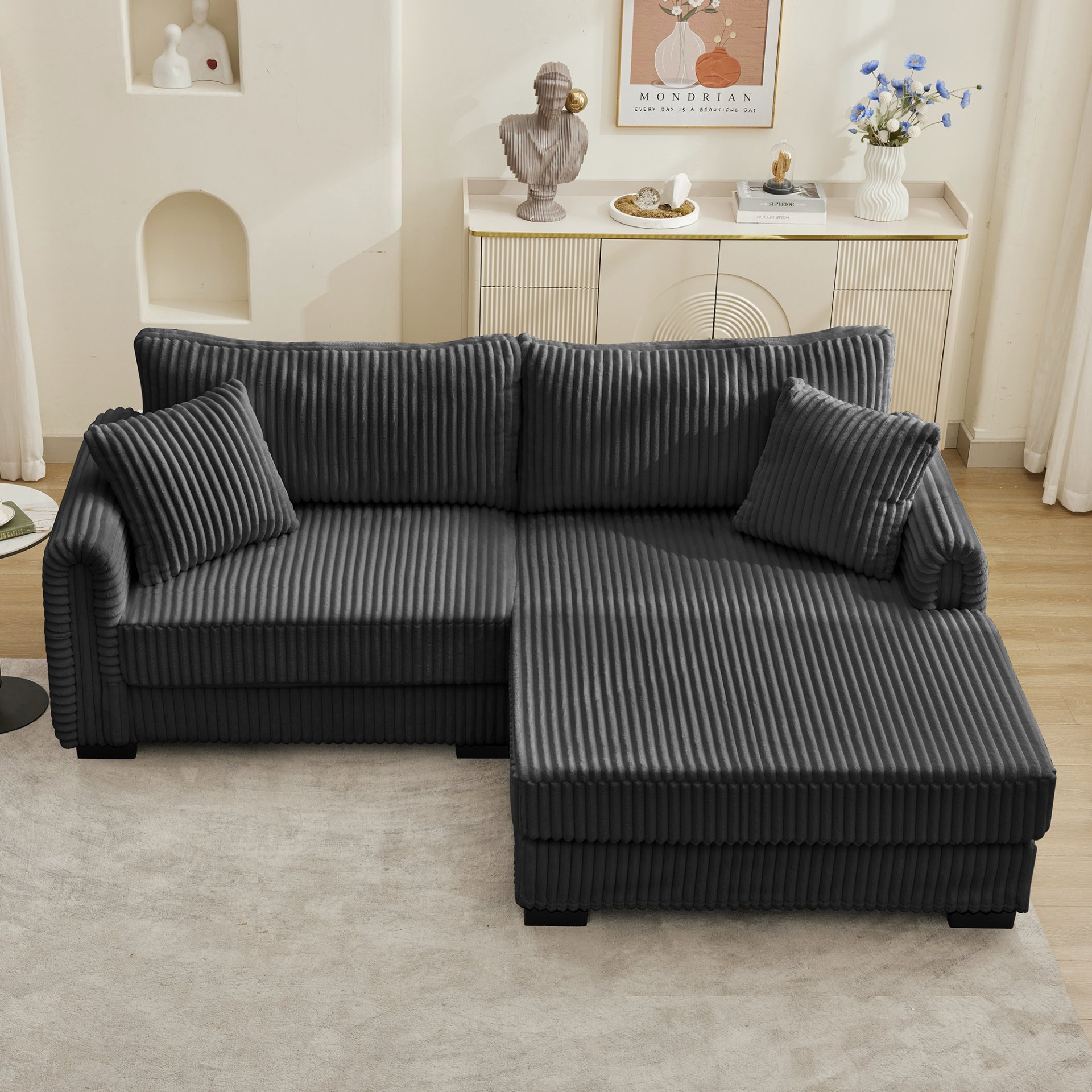 2 Seater L Shaped Chaise Sofa With Reversible Cushion Corduroy Fabric, USB - C Charging Port, Storage Pocket, Convertible Left / Right Design For Living Room - Gray - Image 2