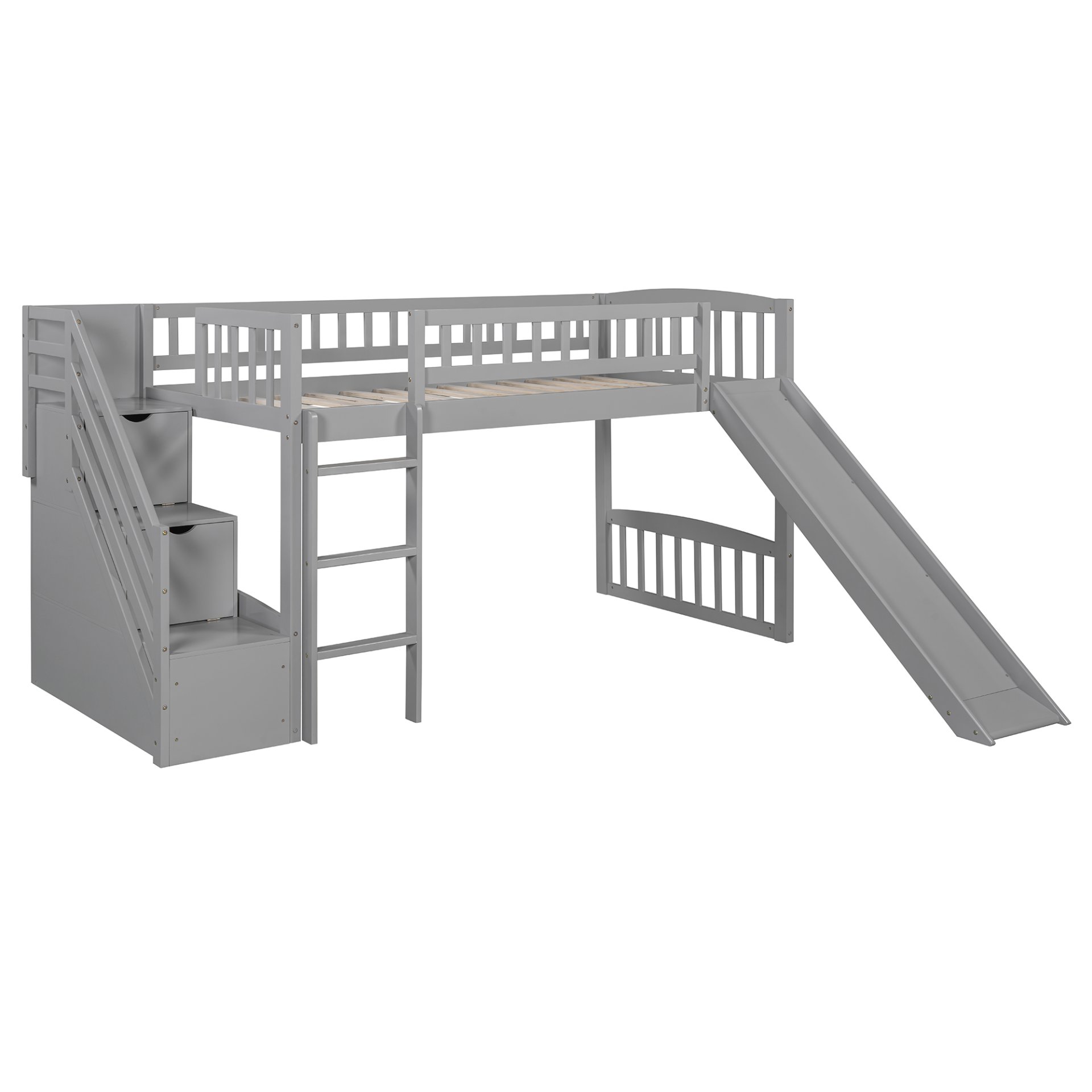 Twin Size Loft Stairway Bed With 2 Drawers And Slide - Gray - Image 3