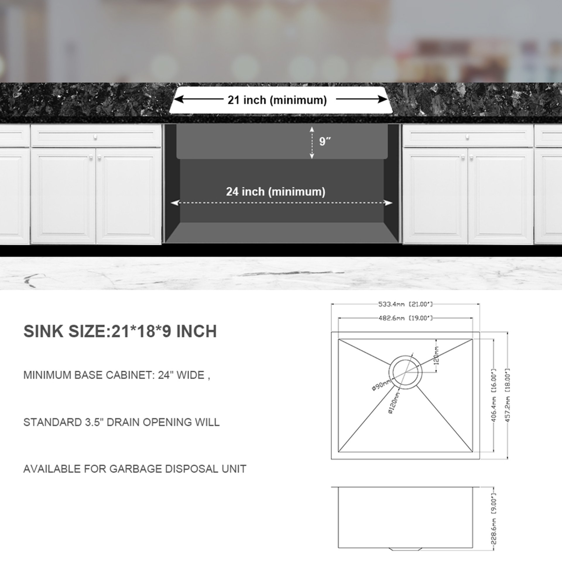 21" Undermount Kitchen Sink, 16 Gauge, 9" Deep Single Bowl - Brushed Nickel - Image 3
