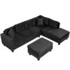 Modern Sectional Sofa With Storage Ottoman, L - Shape Couch With 2 Pillows And Cup Holders - Black - Image 18