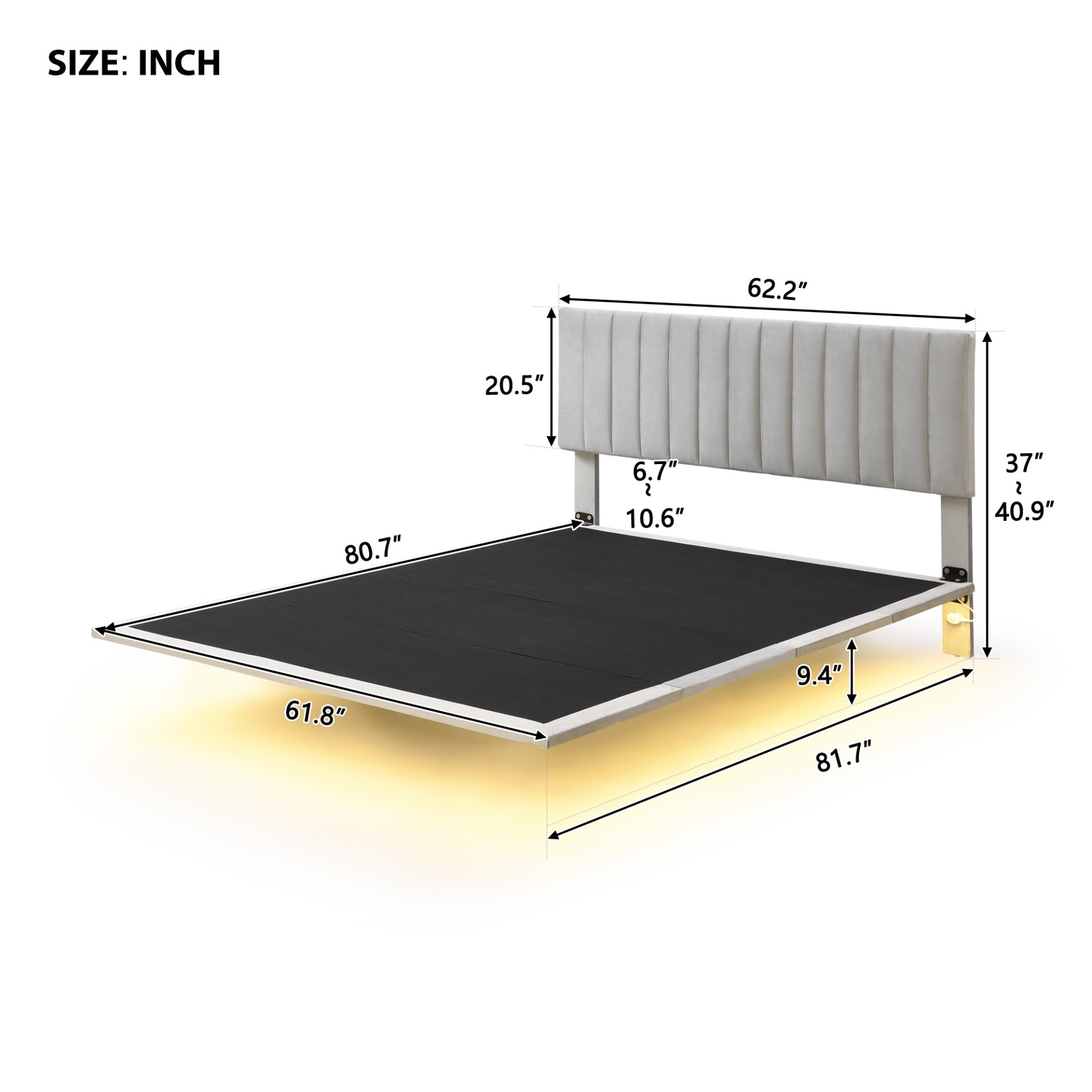 Queen Size Upholstered Bed With Sensor Light And Headboard, Floating Platform Bed - Gray - Image 12
