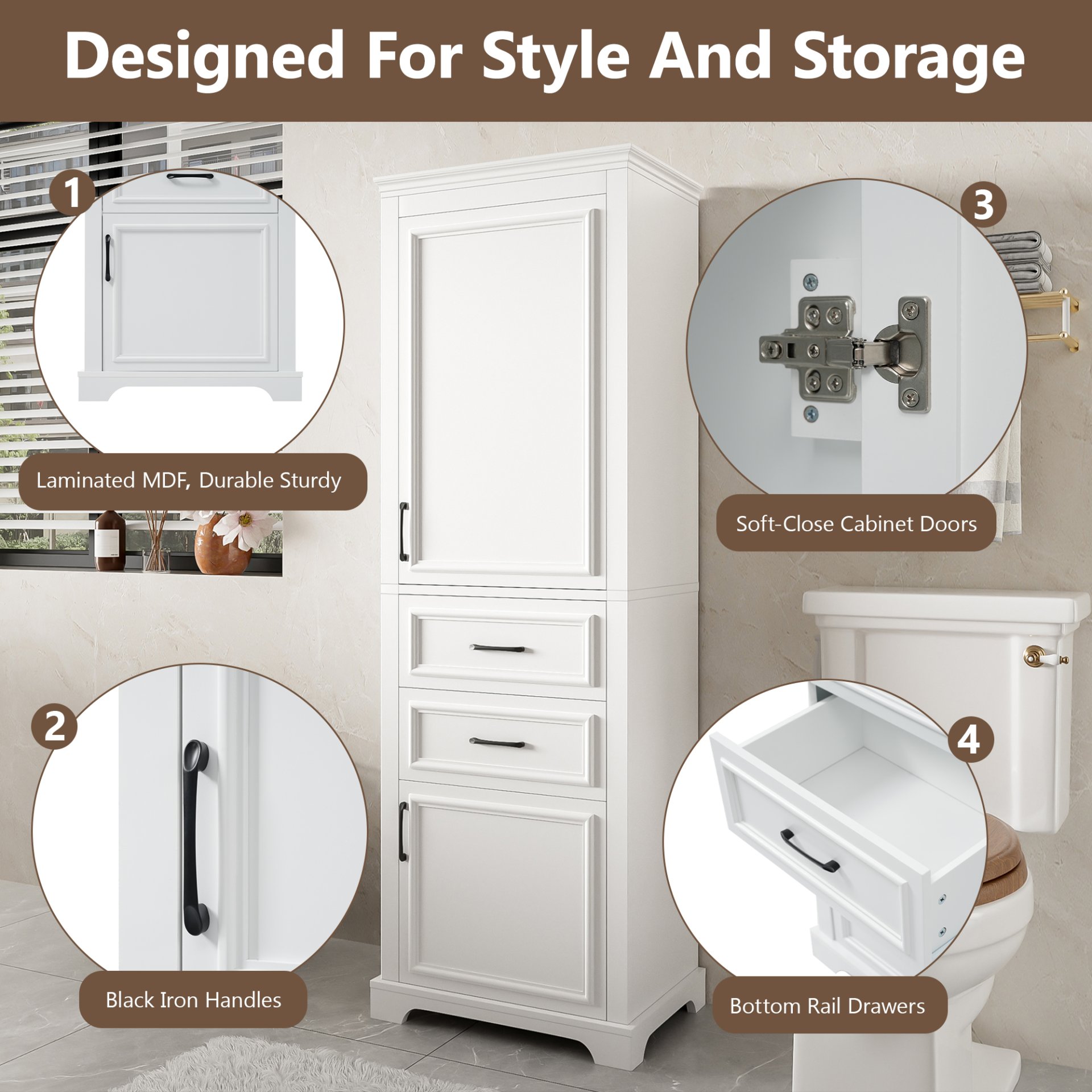Freestanding Bathroom Vanity Tall With Damping Hinge Doors, Adjustable Shelves - White - Image 6