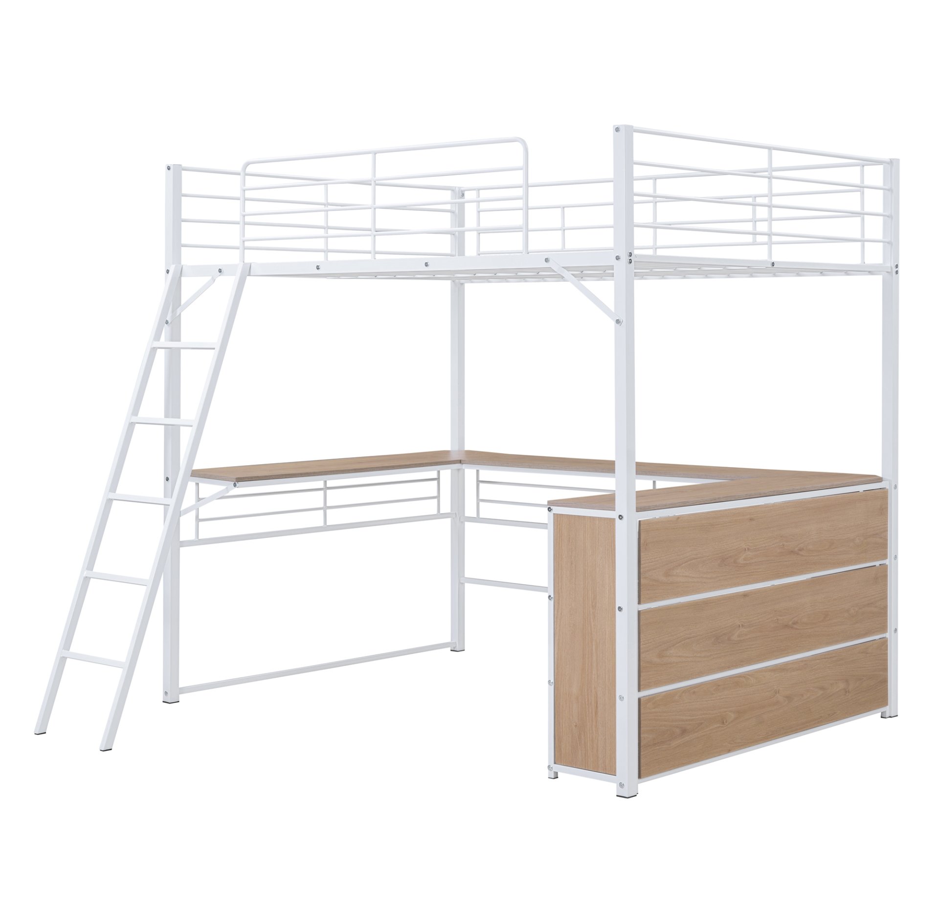 Full Size Loft Bed With 3 Layers Of Shelves And L-Shaped Desk - White - Image 8
