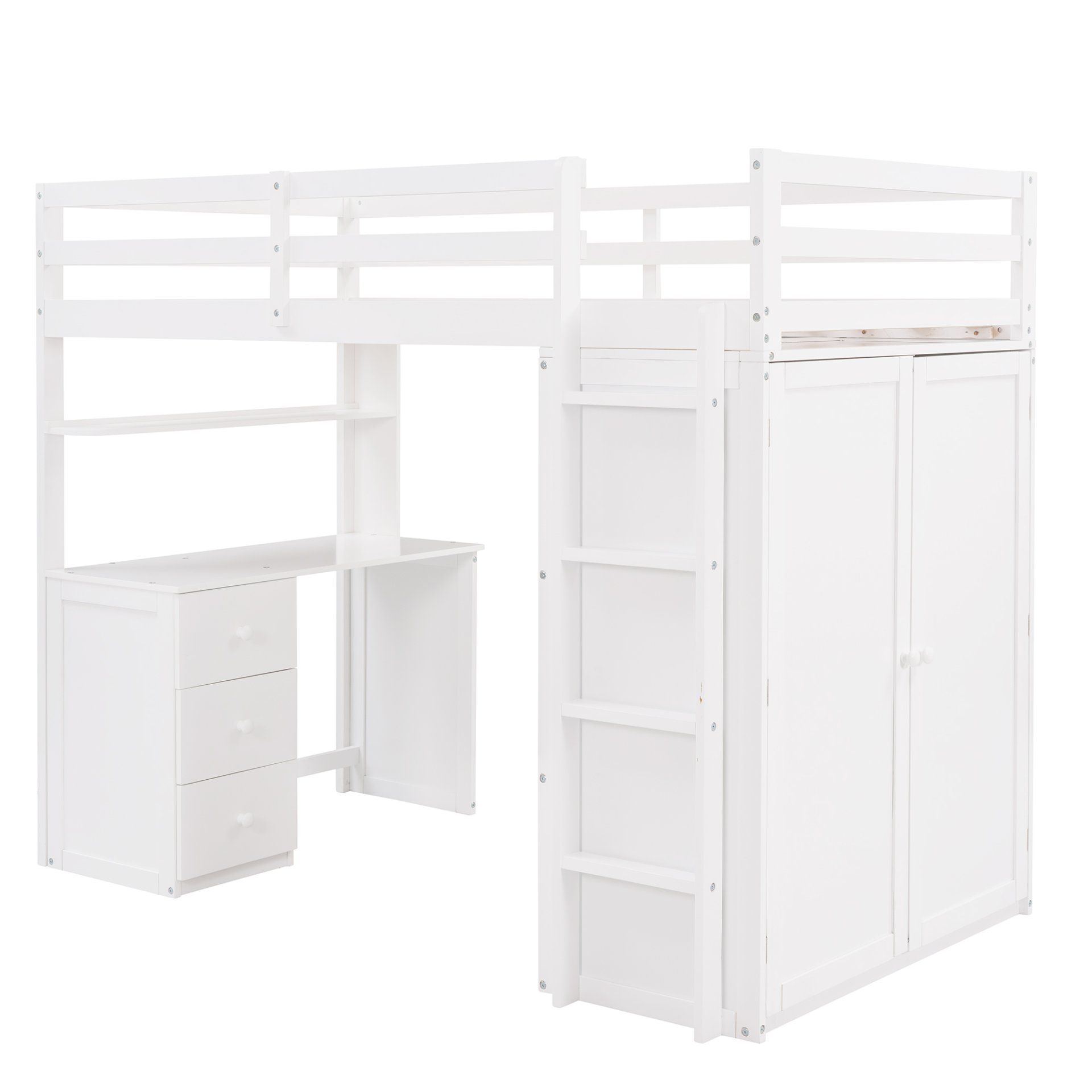 Twin Size Loft Bed With Drawers, Desk, And Wardrobe - White - Image 5