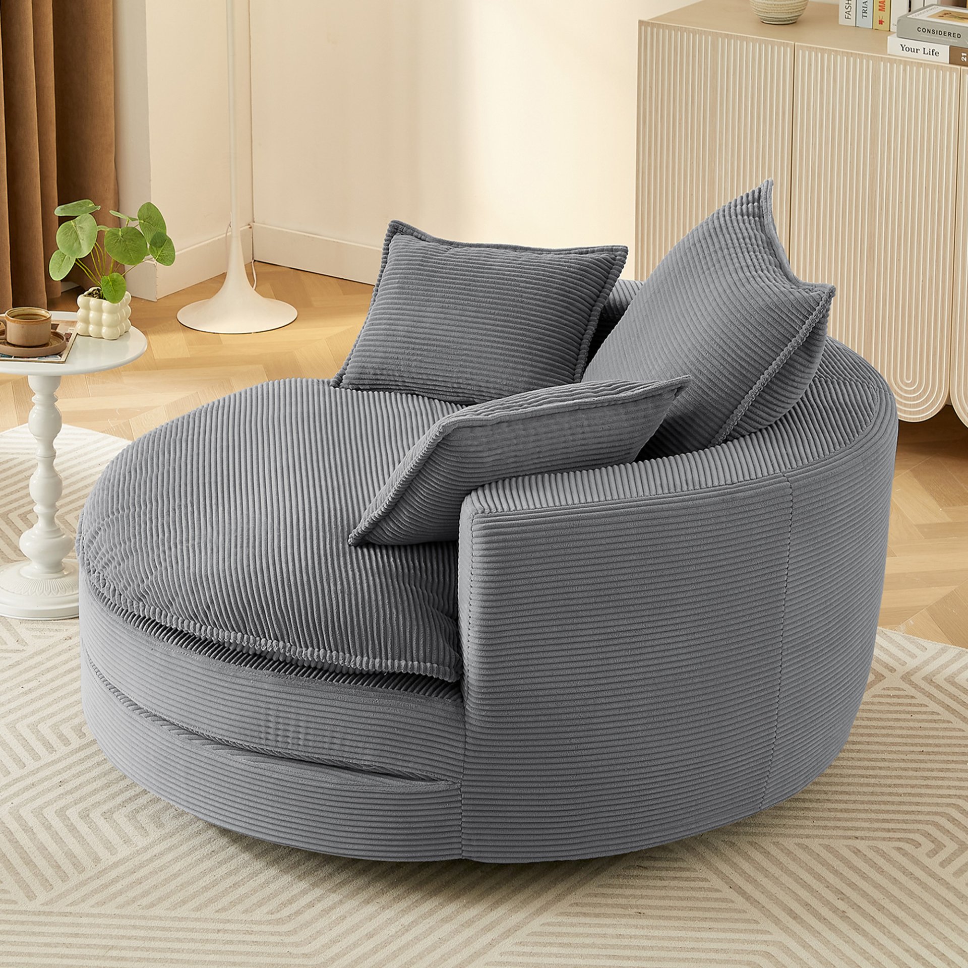 360° Swivel Sofa Chair Accent Barrel Chair With Dual Layer Cushion And 3 Removable Pillows, Corduroy - Gray - Image 10