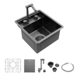 15" Undermount Bar Sink With Folding Faucet, 16 Gauge Stainless Steel, Single Bowl - Gunmetal Black