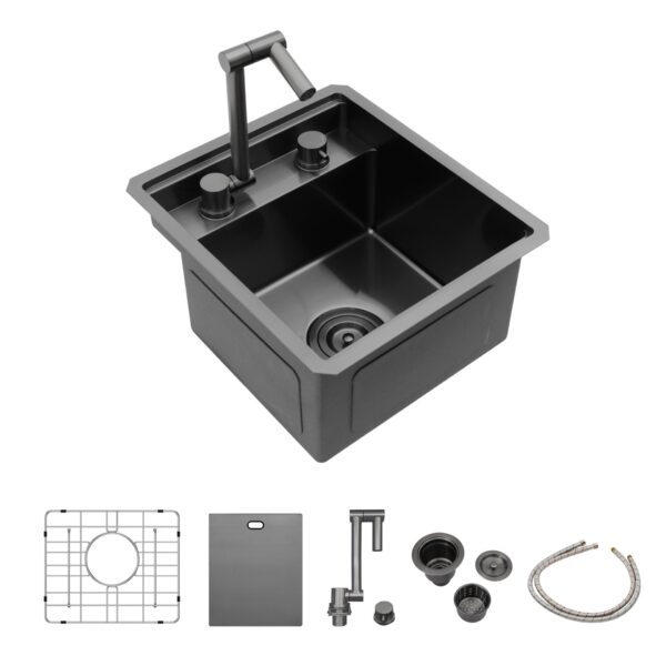 15" Undermount Bar Sink With Folding Faucet, 16 Gauge Stainless Steel, Single Bowl - Gunmetal Black