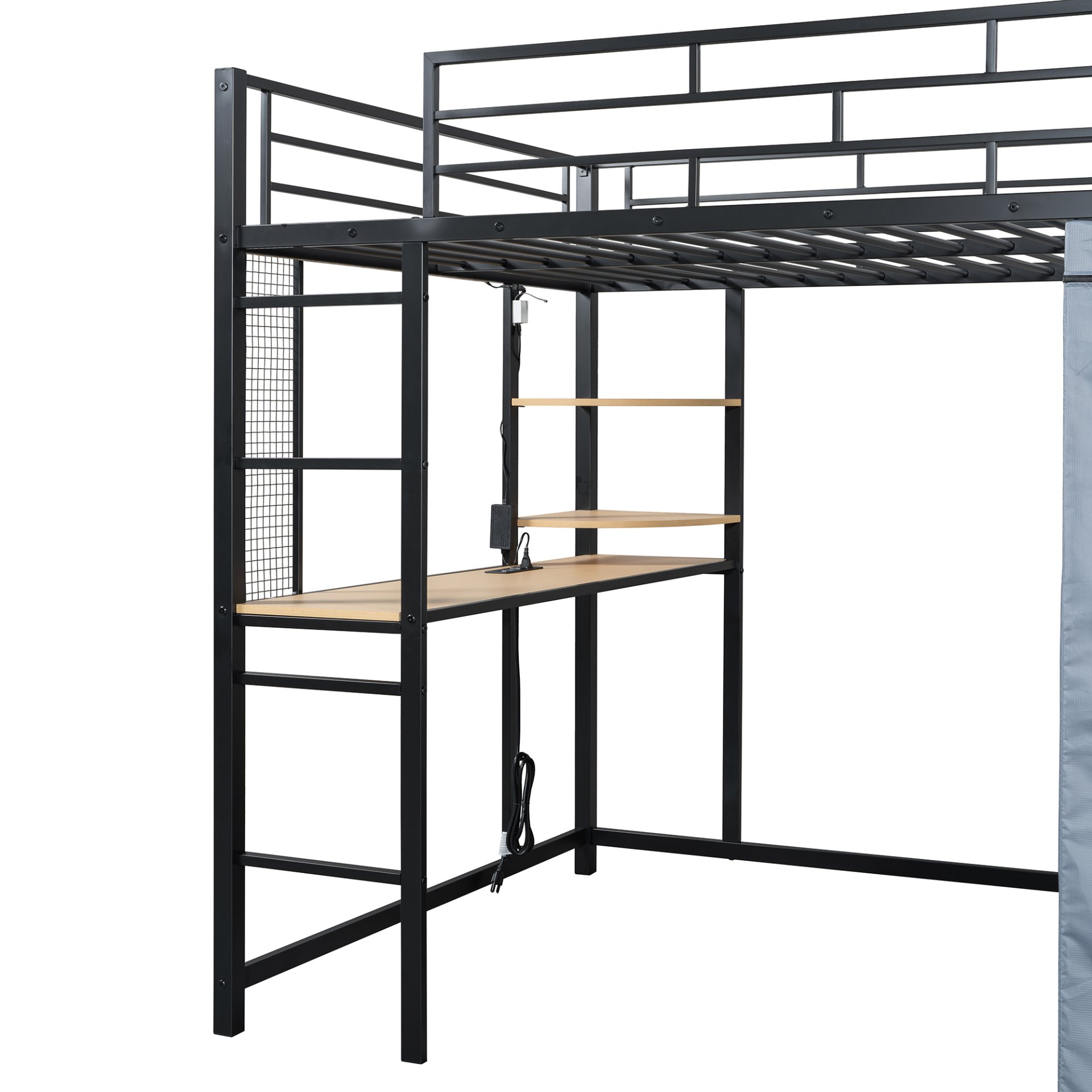 Full Size Loft Bed With Desk, Shelves, Power Outlet, LED Light And Wardrobe - Black - Image 20