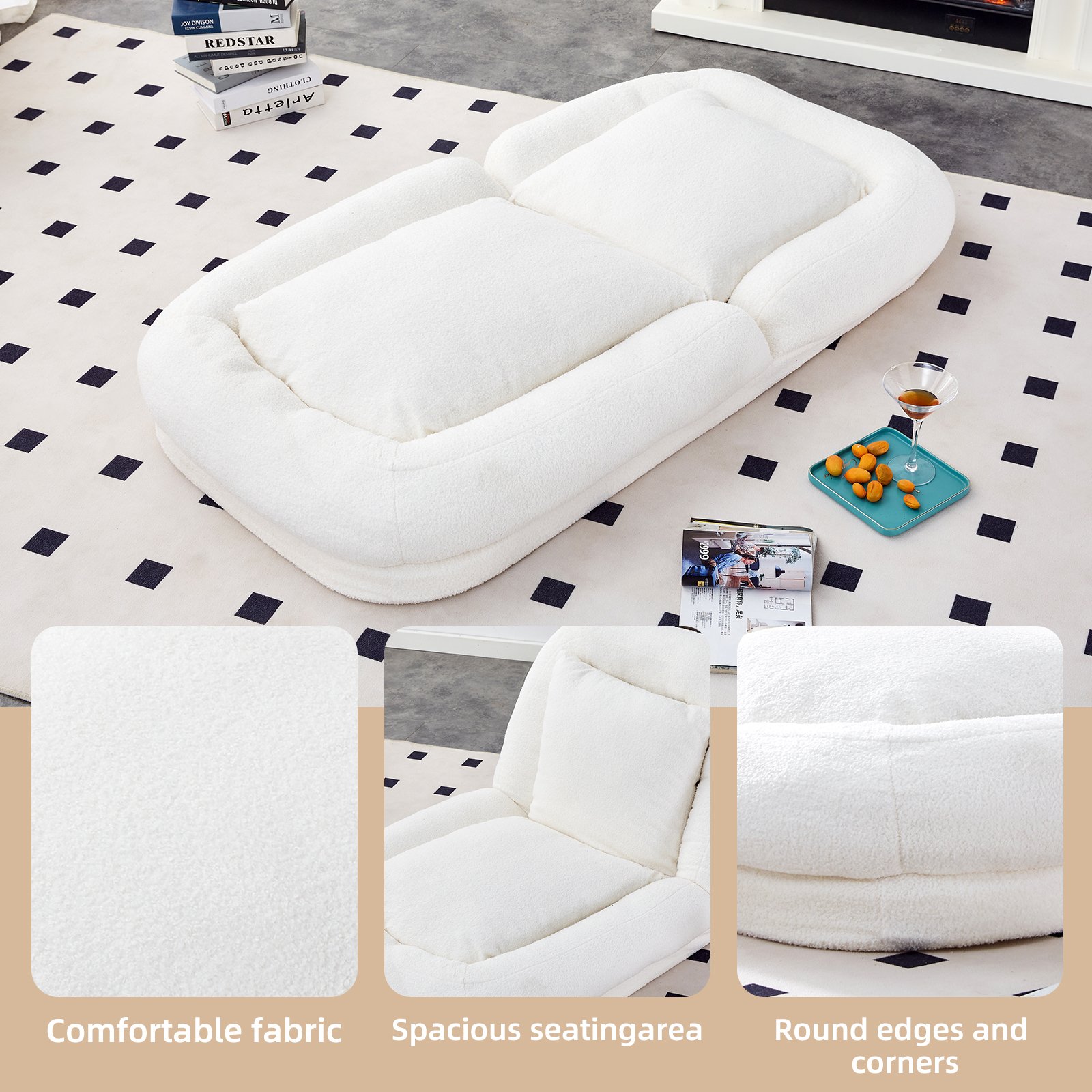 Modern Folding Sofa Chair With Adjustable Positions Plush For Gaming And Relaxation - Beige - Image 11