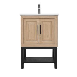 Modern Freestanding Bathroom Vanity With Ceramic Sink, Hot And Cold Faucet, 2 Door Cabinet & Open Iron Shelf, Magnesium Oxide And Iron Frame - Natural