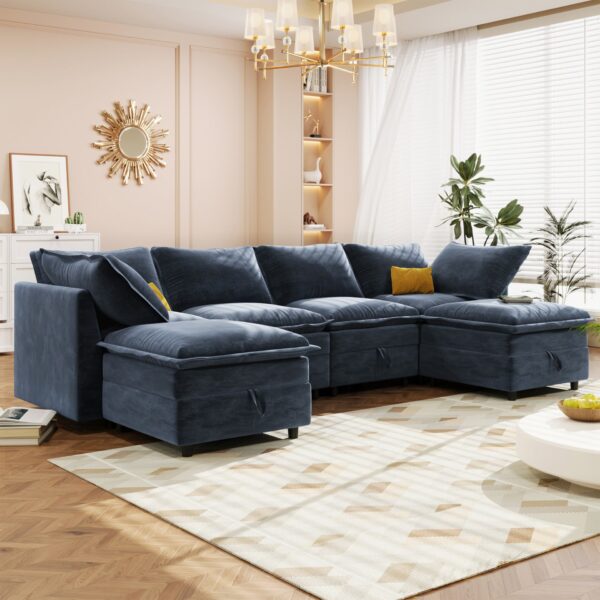 Versatile 6 Piece Modular Sofa Bed With Storage, Stylish Faux Double Layer Cushions, Comfortable & Durable Design, Perfect For Any Living Space - Dark Blue