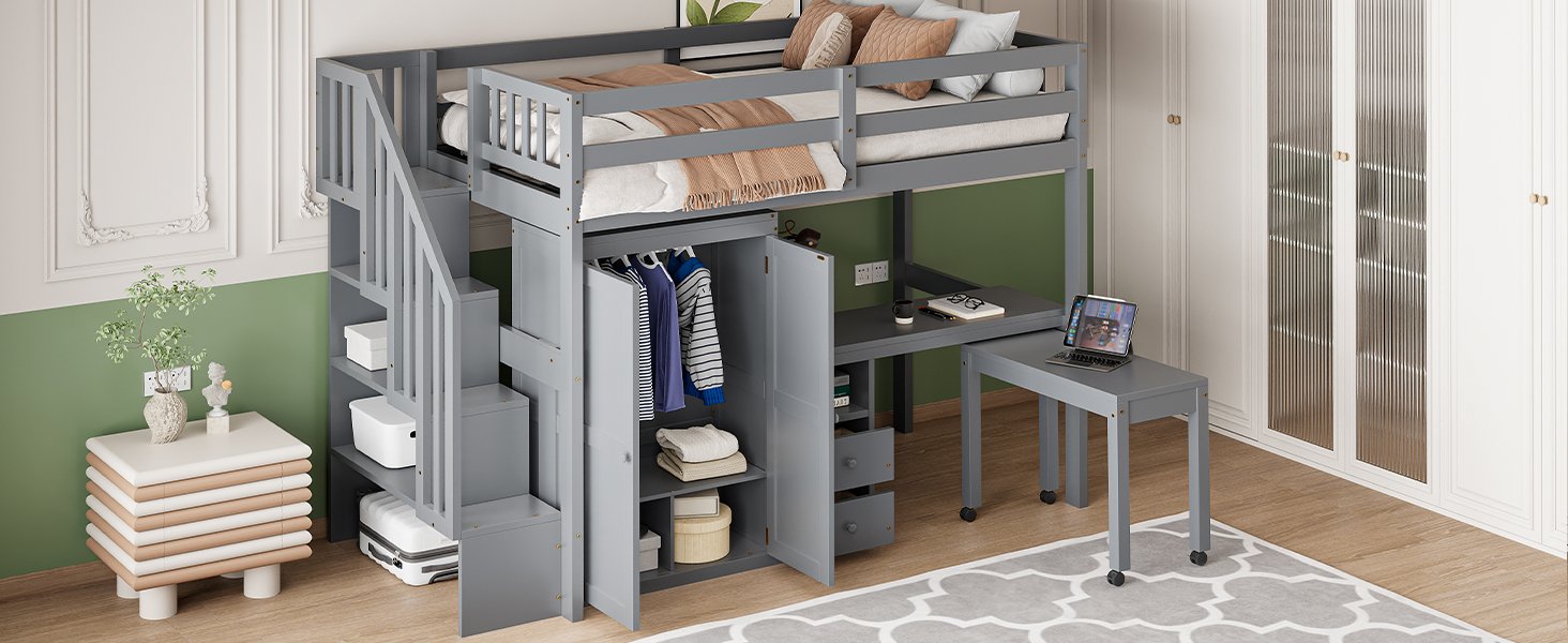 Twin Size Loft Bed With Stairs, Bookshelf, Drawers, Desk & Wardrobe, Space Saving Multifunctional Furniture - Gray - Image 22