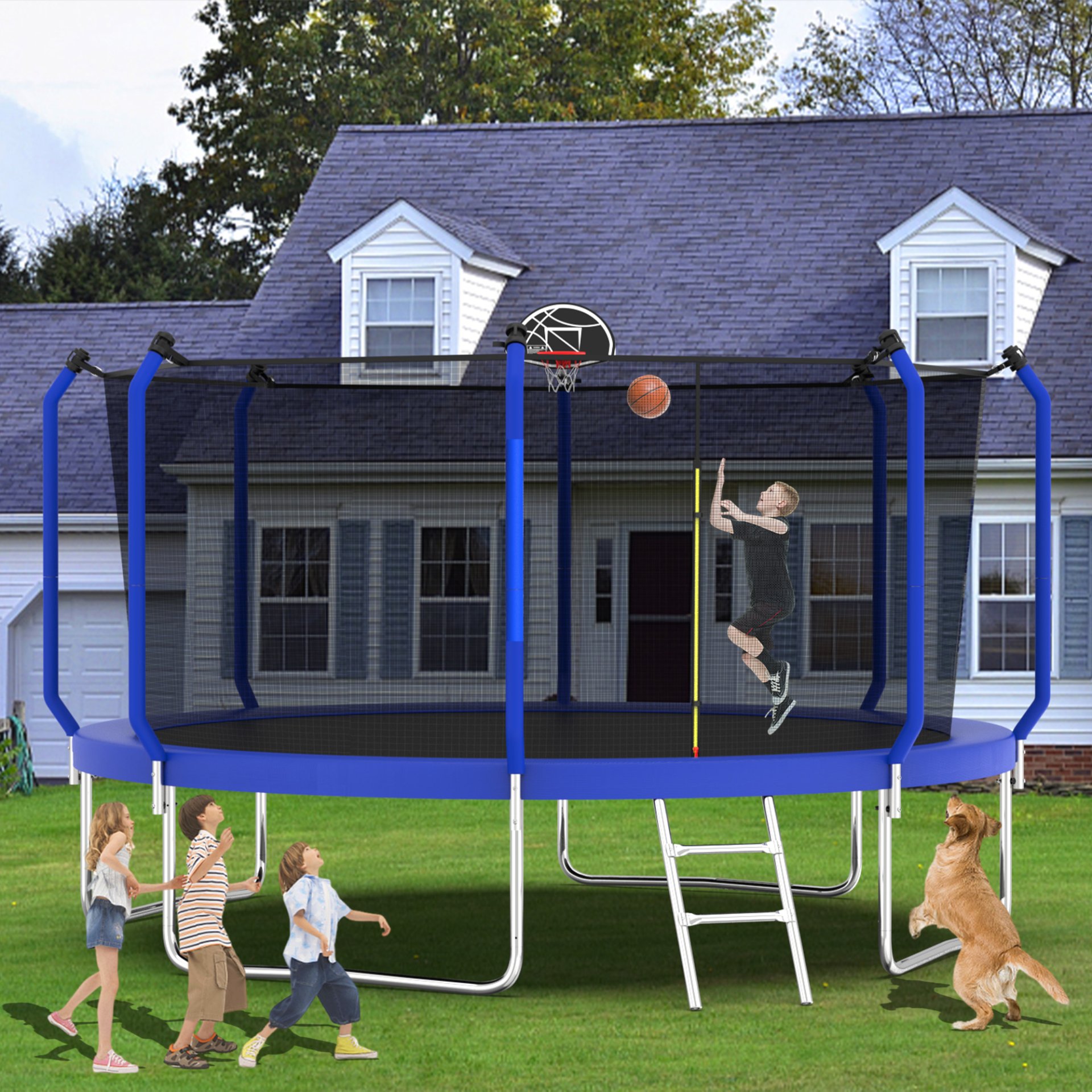 Trampoline With Basketball Hoop, Astm Approved Reinforced Type Outdoor Trampoline With Enclosure Net - Blue - Image 9