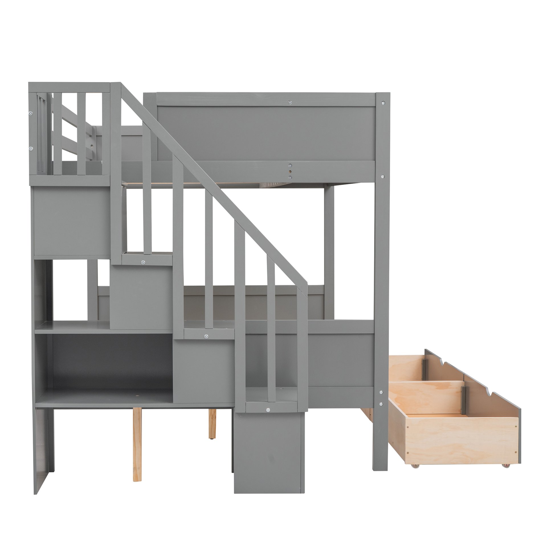 Twin Over Full Bunk Bed With Shelfs, Storage Staircase And 2 Drawers - Gray - Image 8