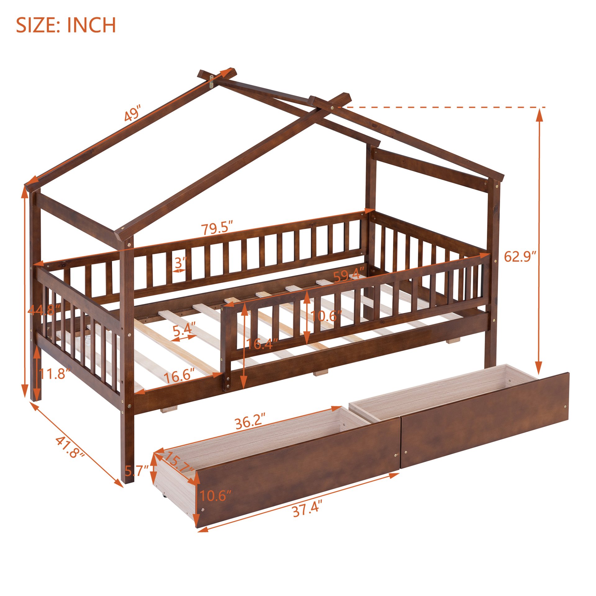 Twin Size House Bed With 2 Drawers - Walnut - Image 3