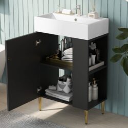 Bathroom Vanity, Combo Cabinet, Bathroom Storage Cabinet, Single Ceramic Sink, Right Side Storage - Black