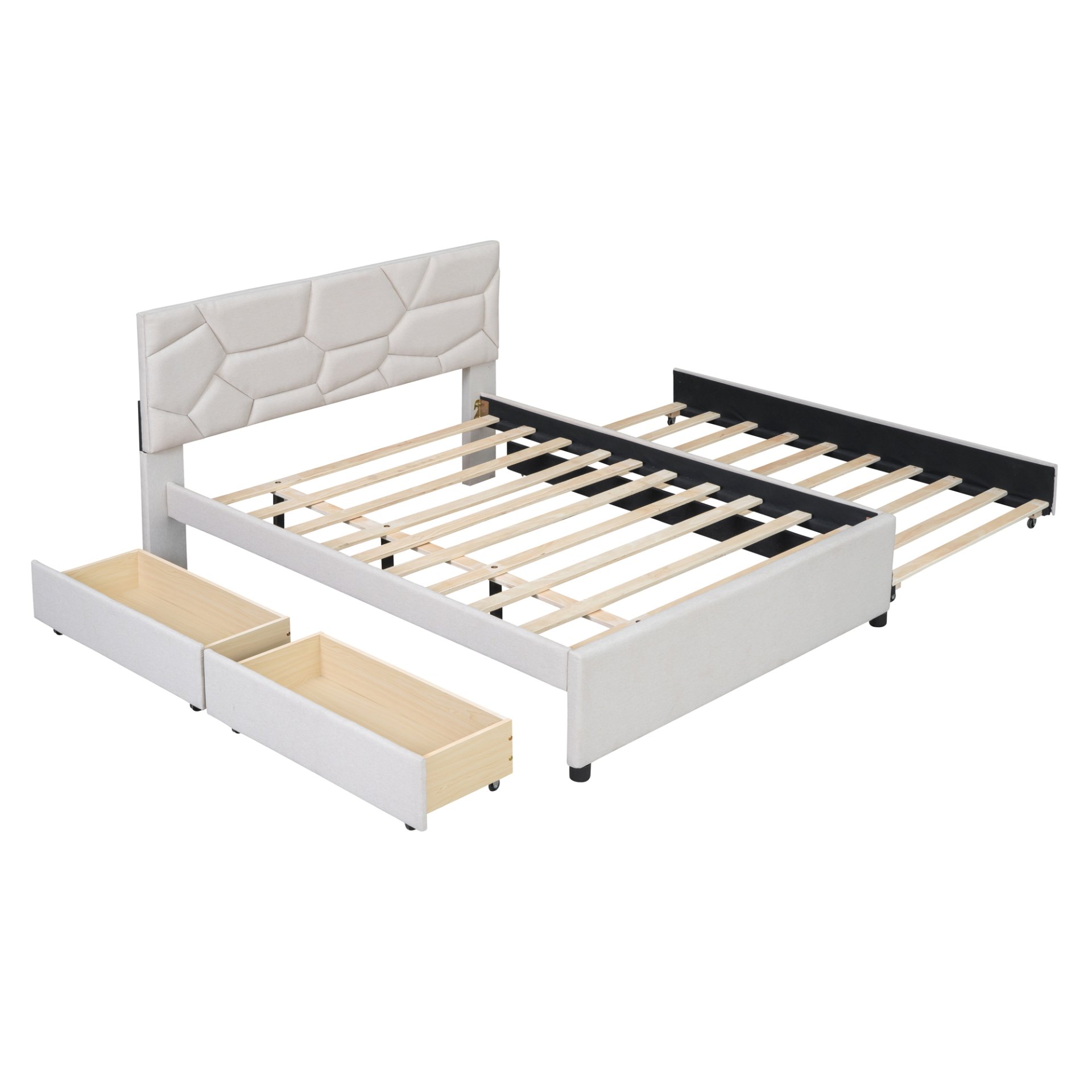 Full Size Upholstered Platform Bed With Brick Pattern Headboard, With Twin Size Trundle And 2 Drawers - Beige - Image 9