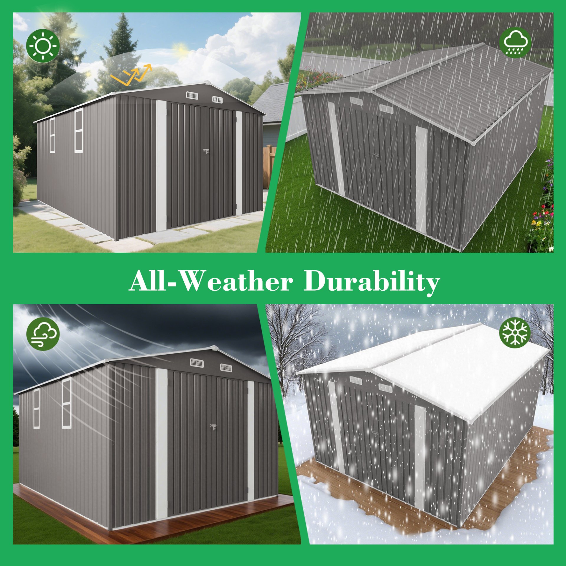 Large Metal Garden Shed With Double Door And Windows Waterproof Tool Shed - Gray - Image 5