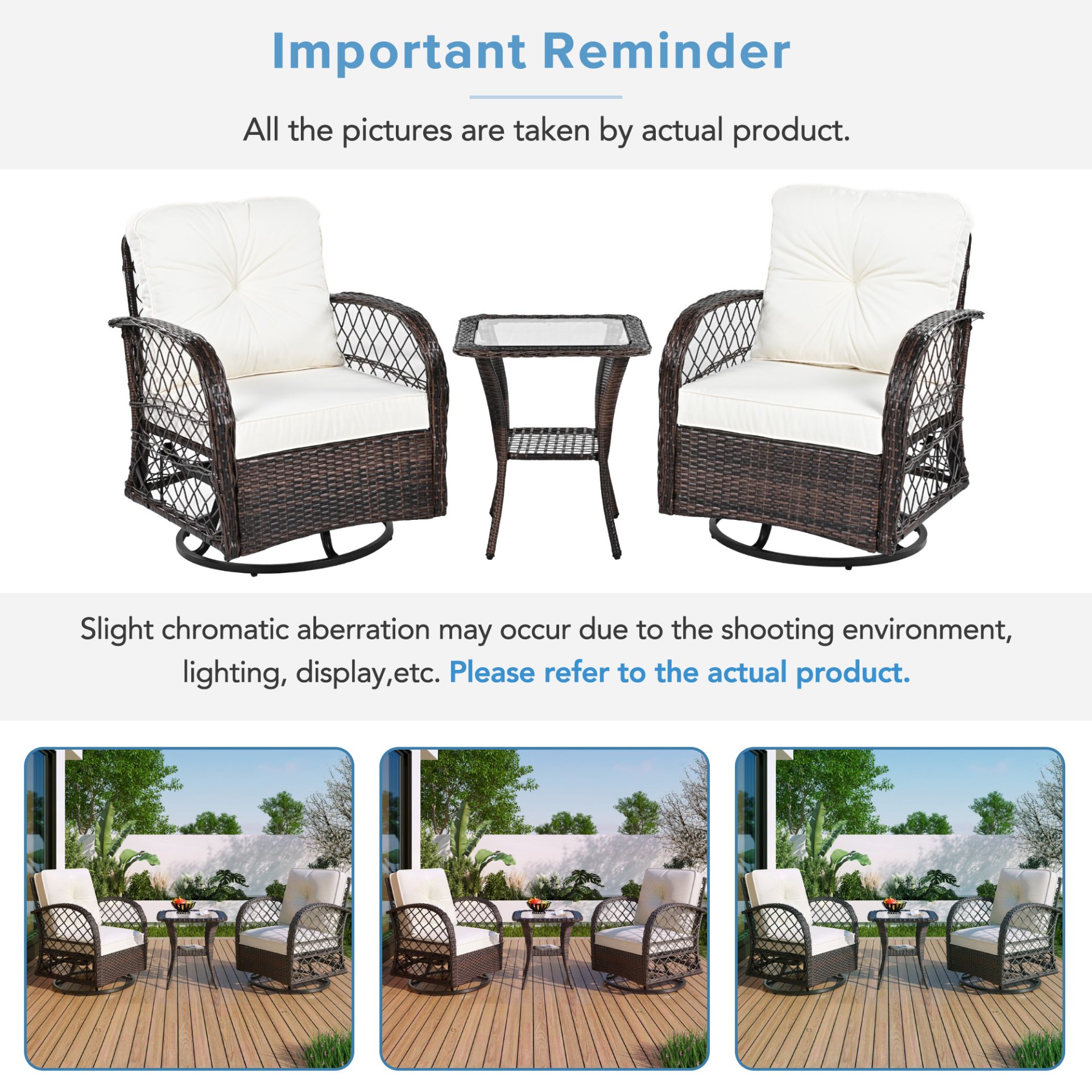 3 Piece Outdoor Chair & Table Set Chat Set 2 Person Rattan Seating Group With 2 Swiveling And Rocking Chairs And A Square Table For Garden, Patio, Or Balcony - Brown - Image 8