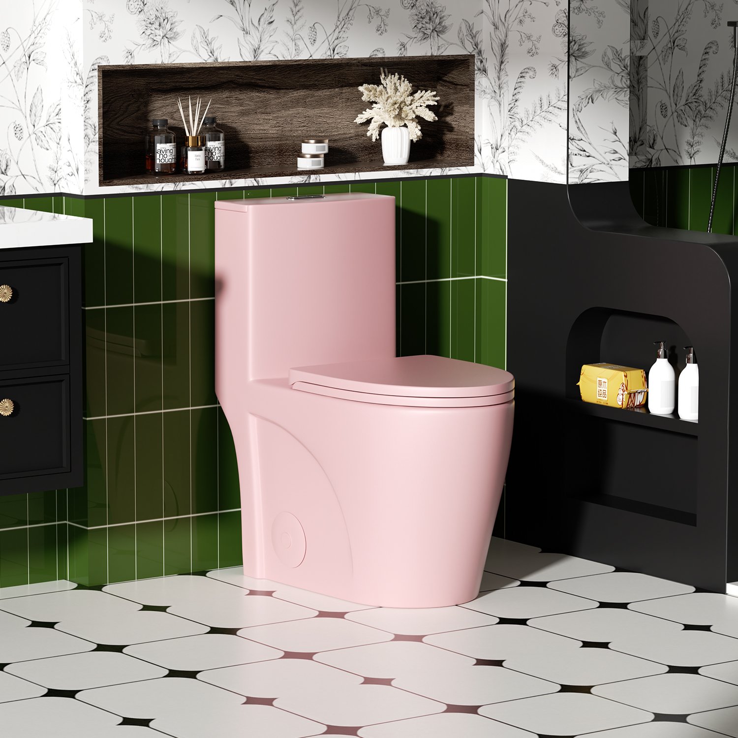 Fan Shaped Design 1 Piece Toilet With Elongated Bowl And Soft Close Seat, Dual Flush 1.1 / 1.6 Gpf - Pink Flower - Image 2