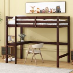 Twin Loft Pine Wood Bed With Built-In Desk, Safety Guardrails, Ladder - Espresso