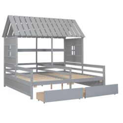 Twin Size House Platform Beds With 2 Drawers For Shared Use - Gray