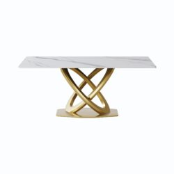 70.84" Modern Artificial Stone Panel Double-Ring Stainless Steel Metal Legs, Can Accommodate 6-8 People - White / Gold