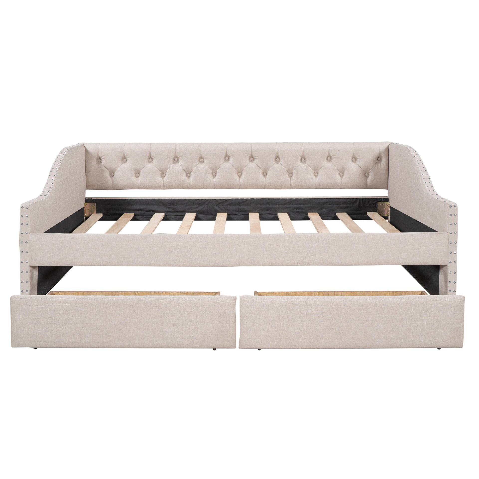 Full Size Upholstered Daybed With Two Drawers, Slat Support - Beige - Image 17