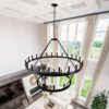 2 Tiers Wagon Wheel Chandelier Wooden Farmhouse 36 Light (24 / 12) Or (12 / 24) Metal Chandeliers 2 Story Light Fixtures Industrial For High Ceiling Living Dining Room Foyer, Adjustable Height - Black - Image 5