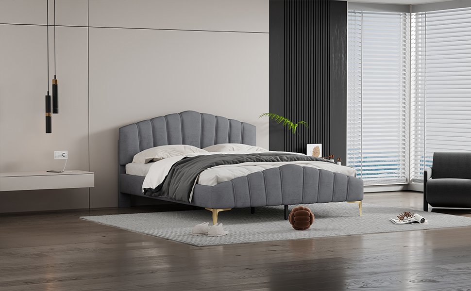 Queen Size Platform Bed With Thick, Stylish Stripe Decorated Bedboard And Elegant Leg - Gray - Image 13