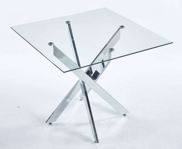 Dining Table With Cross Metal Leg And Tempered Glass, Modern Space Saving Kitchen Table For Living Room Legs, Square Table - Chrome