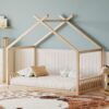 Full Size Montessori Style House Bed For Kids, Floor Bed Frame With Headboard And Footboard, Fence Bed For Girls, Boys, Slat Not Included - Natural - Image 4