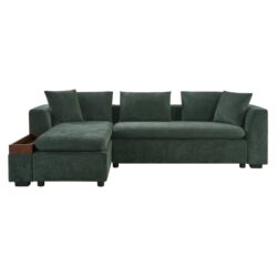 Elegant Chenille L Shaped Sofa With Wooden Storage Compartment - Green