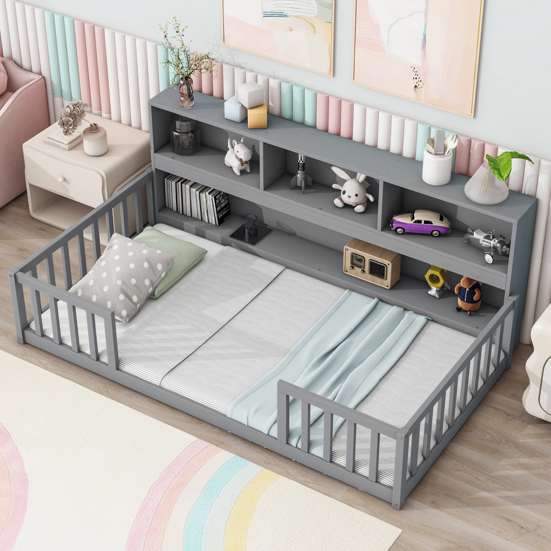 Twin Floor Bed With Bedside Bookcase, Shelves, Guardrails - Gray - Image 3