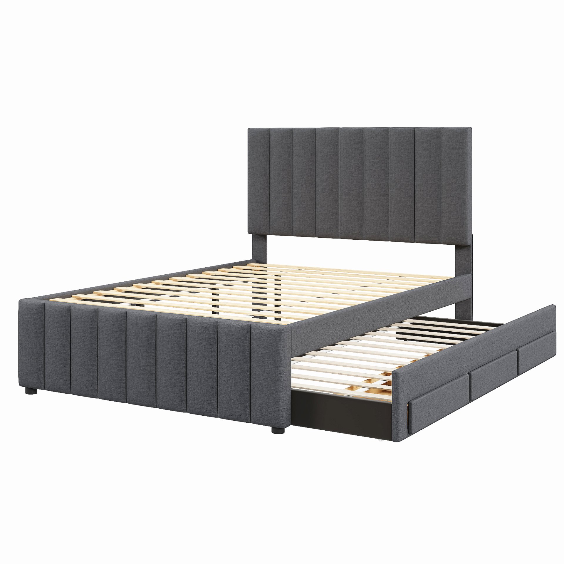 Full Size Upholstered Platform Bed With Twin Size Trundle And 3 Drawers - Gray - Image 5