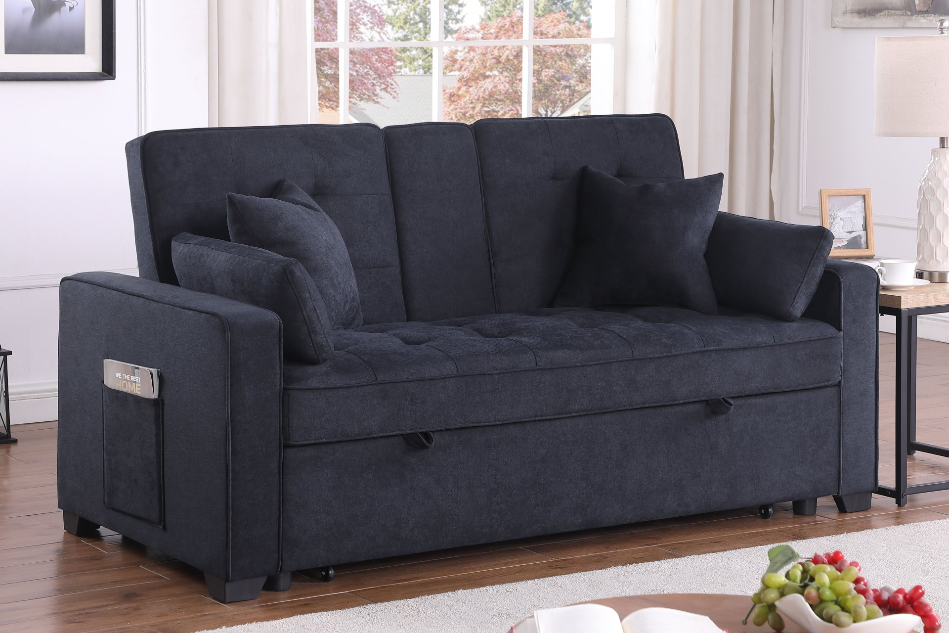 Cody II - Woven Fabric Convertible Sleeper Loveseat With Cup Holder, Charging Ports, Side Pocket, and Pocket Coil Seating - Dark Gray - Image 4